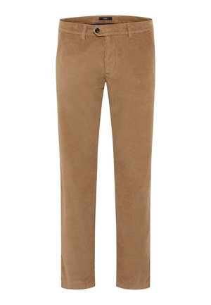 Pantalons en velours côtelé ajustés couleur marron clair, dotés de côtes verticales, d'une fermeture frontale à boutons et de poches latérales avec une finition soignée.