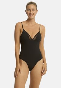 Czarny jednoczęściowy strój kąpielowy z cienkimi regulowanymi ramiączkami, z przezroczystą wstawką w okolicy biustu i elegancką, gładką fakturą.