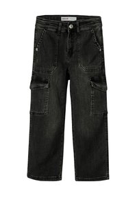 Schwarze Denim-Cargohosen mit weitem Bein, mehreren Taschen und einem klassischen Knopfverschluss. Mit subtilen Nähten und einer leicht verwaschenen Textur.