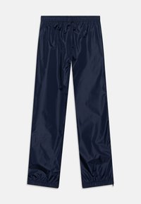 Navy blue waterproof trousers with an elastic waistband, straight leg design, and gathered cuffs. Smooth, shiny texture throughout.