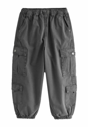 Pantalon cargo gris foncé avec taille et poignets élastiques, doté de quatre poches à rabat avec fermetures pression sur les deux jambes.