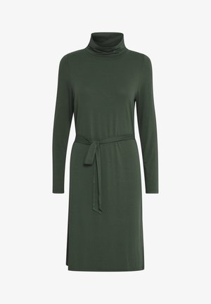 Pikkade varrukatega tumesinine kleit, millel on kurgumood ja vöökoht, ning sile ja pehme kangas. Omab külgmisi lõhesid mugavaks liikuvuseks.