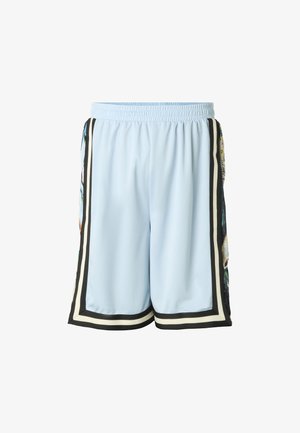 Shorts de sport bleu clair avec taille élastique, bordures rayées noires et blanches, et tissu à motifs multicolores sur les côtés.