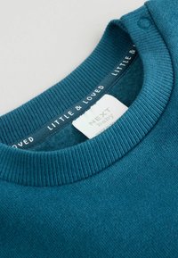 Pull en bébé teal avec un col rond côtelé. Étiquette tissée avec "NEXT baby" et "LITTLE & LOVED." Texture douce, sans motifs.