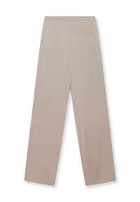 Beige wijde broek met een elastische tailleband en een enkele achterzak, gemaakt van een soepele, lichte stof.