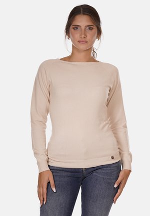 Maglione beige a maniche lunghe con coste, scollatura ampia e orlo aderente. Presenta un piccolo emblema del brand vicino al fondo.