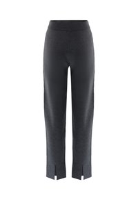 Dunkelgraue, cropped Hosen mit einer weichen Textur, ausgestattet mit einem hohen Bund und Schlitzen am Saum für zusätzliche Designdetails.