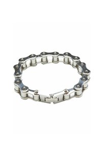 Metalarmbånd lavet af rustfrit stål i sølv, prydet med et kædeleddesign med polerede accenter og en lås mærket "KANI."