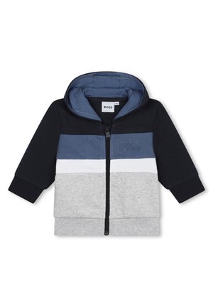 Giacca con cappuccio, nei colori navy, grigio e blocchi di blu. Presenta una cerniera frontale, polsini a costine e tessuto testurizzato con dettaglio del logo.