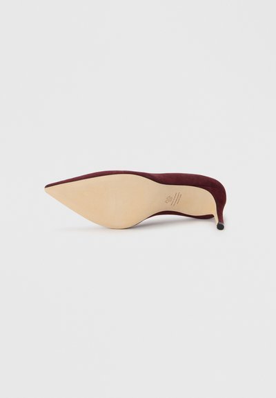Décolleté a punta in camoscio bordeaux con suola beige liscia e tacco sottile, dotato di un discreto marchio sulla suola.