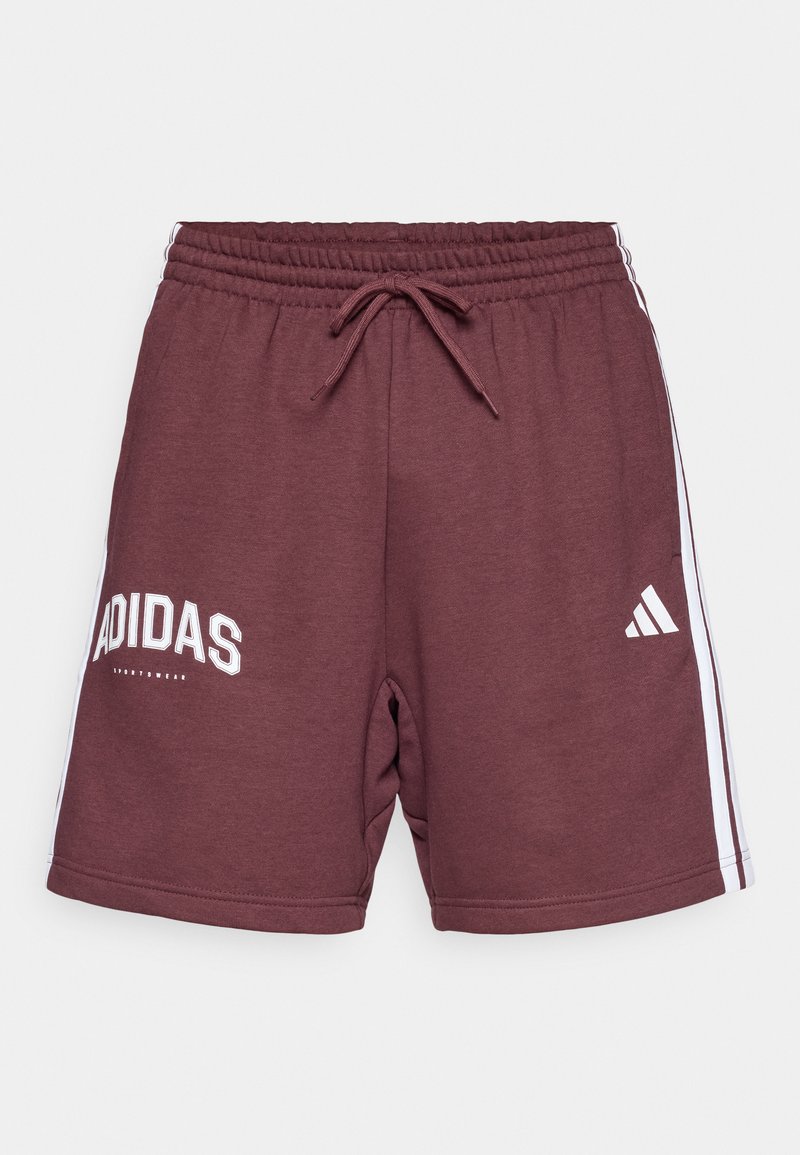 Pantalones cortos deportivos Adidas en color burdeos con franjas laterales blancas, cinturilla elástica, cordón y logotipos de Adidas en los lados izquierdo y derecho de la parte frontal.