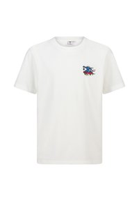 T-shirt en coton blanc avec un design brodé coloré représentant un personnage sur un skateboard. Encolure ronde et manches courtes.
