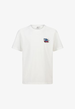 Witte katoenen T-shirt met een kleurrijk geborduurd ontwerp van een karakter op een skateboard. Ronde hals en korte mouwen.