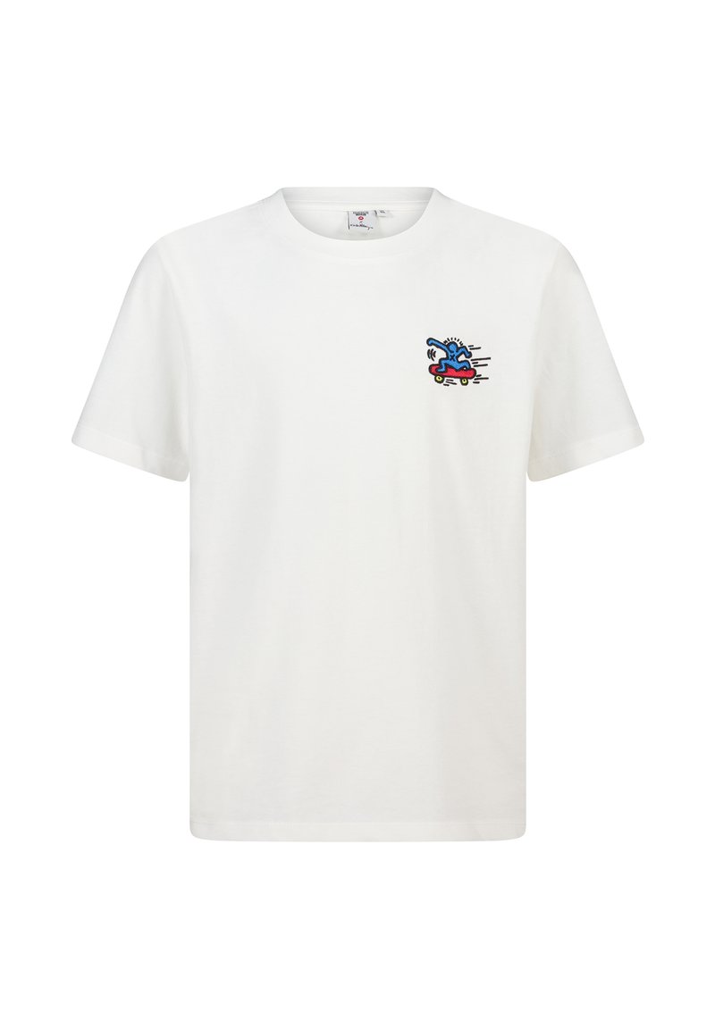 T-shirt en coton blanc avec un design brodé coloré représentant un personnage sur un skateboard. Encolure ronde et manches courtes.