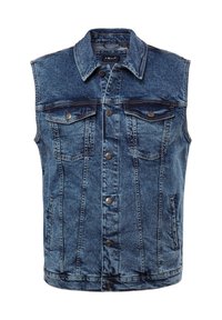 Džínová vesta ve střední modré barvě s límcem, předními kapsami a knoflíkovým zapínáním. Má klasický design a prošité detaily.