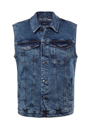 Denim-vesti keskiy blå с kaulus, esitaskut ja napin sulkemiset. Ominaisuuksina klassinen muotoilu ja ommellut yksityiskohdat.