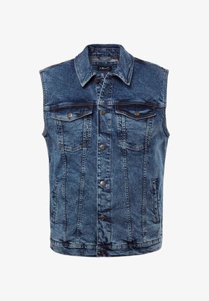 Denimjas in middelblauw met een kraag, voorzakken en knoopsluitingen. Heeft een klassiek ontwerp en gestikte details.