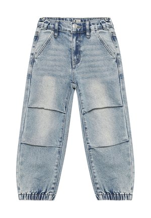Lyseblå vasket denimbukser med elastiske manchetter, forlommer, bæltestropper og paneldetaljer på benene.