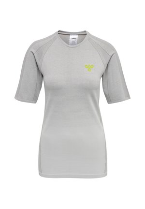 Hellgraues kurzärmeliges Sportshirt mit strukturiertem Stoff und kleinem gelbem Bienenlogo auf der linken Brust, Rundhalsausschnitt.