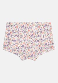 Blomstrete hipsterundertøy i mykt stretchmateriale. Har rosa, lilla og grønne blomster mot en hvit bakgrunn.