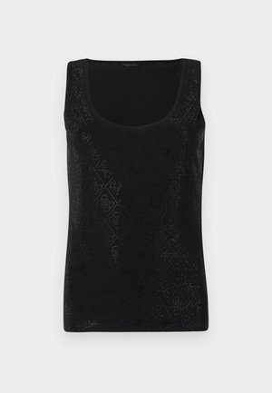 Svart ermeløs tanktopp med diamantmønster med små utskjæringer, rund halslinning og glatt stofftekstur.