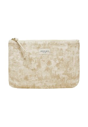 Beżowa prostokątna tkaninowa saszetka z zamkiem błyskawicznym, delikatnym nadrukiem szczegółowego krajobrazu miejskiego oraz metką marki Joules na środku.