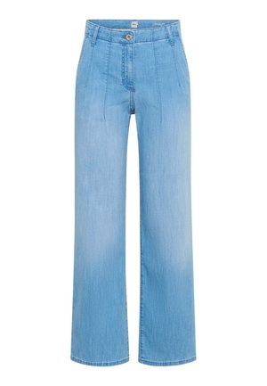 Hellblaue Jeans mit weitem Bein, vorne mit Knopf und Reißverschluss, vertikalen Nahtdetails und Taschen auf jeder Seite.