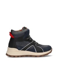  Hoge sneaker in marineblauwe suede en stof, met een witte tussenzool, zwarte accenten, een mesh kraag en een rode hieltab.