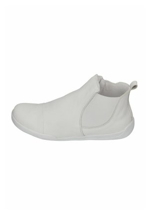 White slip-on shoe made of leather with a smooth texture. Features a low profile design and a rubber sole, designed for comfort and ease of wear.