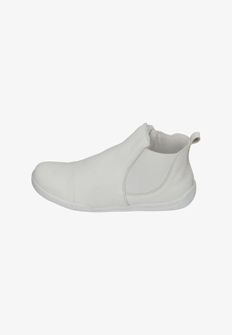 White slip-on shoe made of leather with a smooth texture. Features a low profile design and a rubber sole, designed for comfort and ease of wear.