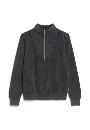 Dark gray knit sweater with a high collar and front zipper. Ribbed texture with raglan sleeves and a relaxed fit. Minimal branding at the hem.