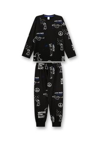 Set di pigiama nero composto da top a maniche lunghe e pantaloni. Stampato con grafiche bianche e blu, che comprendono figure, testo e simboli di pace. Tessuto morbido.