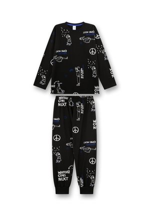 Schwarzes Schlafanzugset bestehend aus einem langärmeligen Oberteil und Hose. Bedruckt mit weißen und blauen Grafiken, darunter Figuren, Texte und Friedenssymbole. Weicher Stoff.