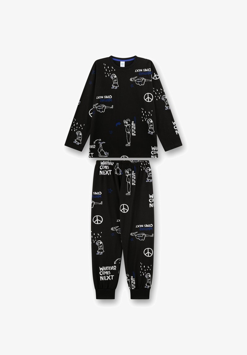 Set di pigiama nero composto da top a maniche lunghe e pantaloni. Stampato con grafiche bianche e blu, che comprendono figure, testo e simboli di pace. Tessuto morbido.