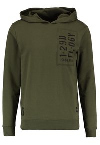 Oliivinvihreä hupullinen collegepaita, valmistettu sileästä puuvillasta, jossa on musta tekstipainatus rintataskussa sekä resorit hihansuissa ja helmassa.