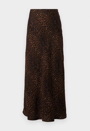 Maxikjol med leopardmönster i brunt och svart, flödande tyg, åtsittande midja, något utsvängd form med en mjuk textur.