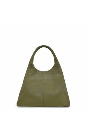 Sac à main en cuir vert olive avec une poignée arrondie unique et une forme triangulaire, présenté sur un fond blanc.