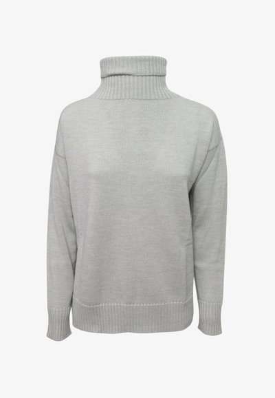 Maglione a collo alto oversized di colore grigio chiaro, realizzato in un morbido filato testurizzato. Presenta spalle cadenti e orli e polsini a coste per un tocco di dettaglio in più.