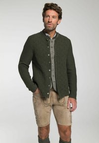 Grüner gestrickter Cardigan mit strukturiertem Muster und Metallknöpfen, über einem hellgrauen Hemd und beigen Lederhosen mit floralem Stickereien getragen.