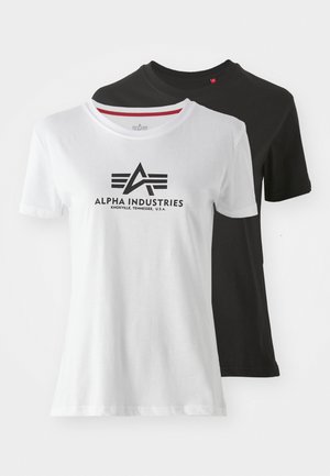 Two cotton t-shirts stacked: one white with a black logo and the other black. Both have short sleeves and a crew neckline.