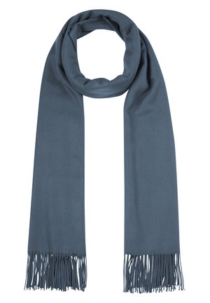 Écharpe bleue douce avec de longues franges aux deux extrémités, pliée en boucle, présentée sur fond blanc.