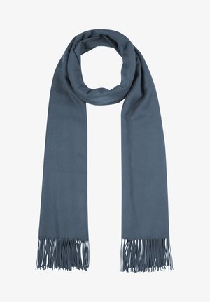 Écharpe bleue douce avec de longues franges aux deux extrémités, pliée en boucle, présentée sur fond blanc.