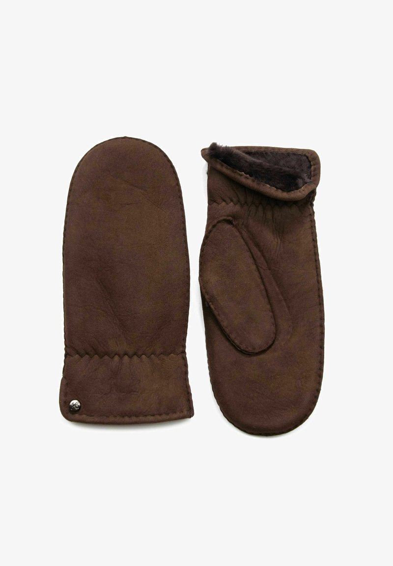 Braune Lederhandschuhe mit weichem Futter, die ein gesticktes Design und eine gebogene Form aufweisen. Eine Seite hat ein Daumenfach und ist mit einem metallischen Druckknopf akzentuiert.