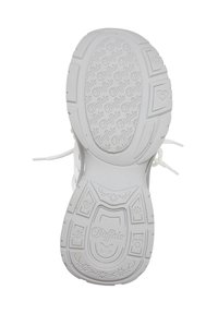 Semelle d'une chaussure blanche avec le logo "Buffalo", motifs cœur, soleil, papillon, et une semelle texturée pour une meilleure adhérence et identification de la marque.