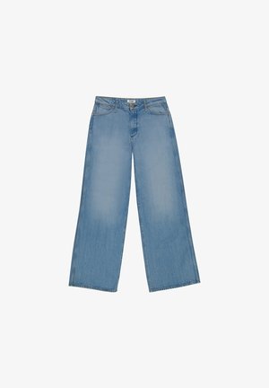 Světle modré široké džínové kalhoty vyrobené z denimu, s vysokým pasem, rovného střihu a kontrastním švem. Bez ozdob a bez opotřebení.