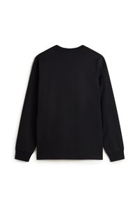 Langdurige zwarte katoenen t-shirt met lange mouwen en een ronde hals, met een gladde textuur en zonder zichtbaar ontwerp of logo's op de achterkant.
