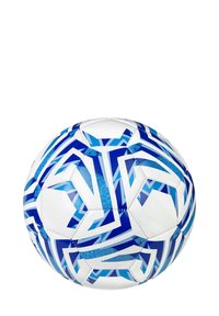 Pallone da calcio bianco con motivi geometrici e dettagli blu. Realizzato in materiale sintetico con una superficie testurizzata e pannelli esagonali.