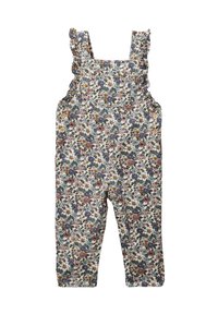Salopette à motif floral en tissu doux, dotée de bretelles à volants, d'une poche avant et d'accents en boutons en bois sur les côtés.