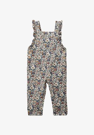 Salopette à motif floral en tissu doux, dotée de bretelles à volants, d'une poche avant et d'accents en boutons en bois sur les côtés.