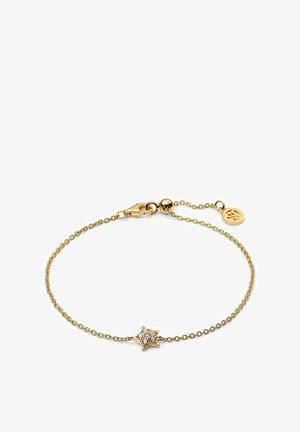 Gul kædearmbånd med en stjernedformet vedhæng med funkende accenter, sikret med en klipslås og justerbar kædelængde.